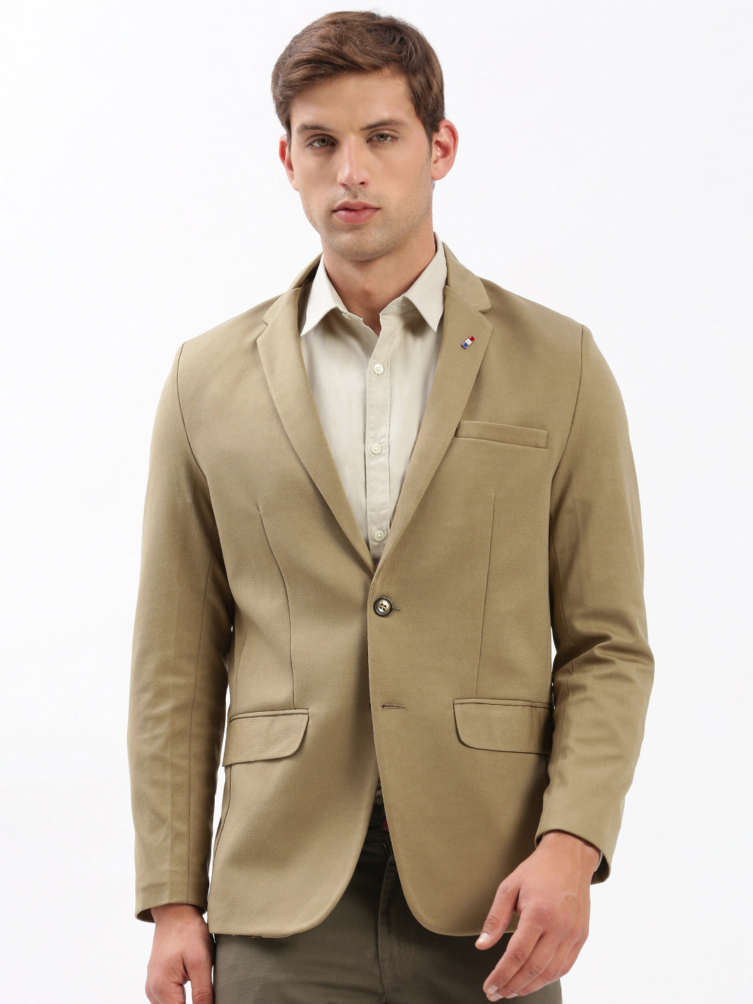 Men Notched Lapel Solid Khaki Blazer