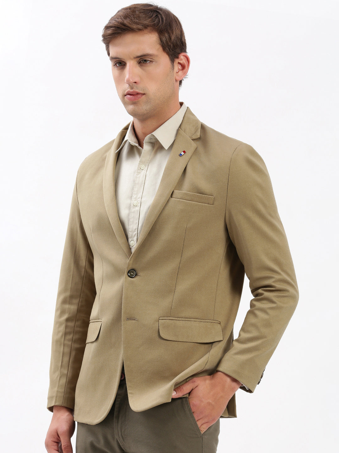 Men Notched Lapel Solid Khaki Blazer