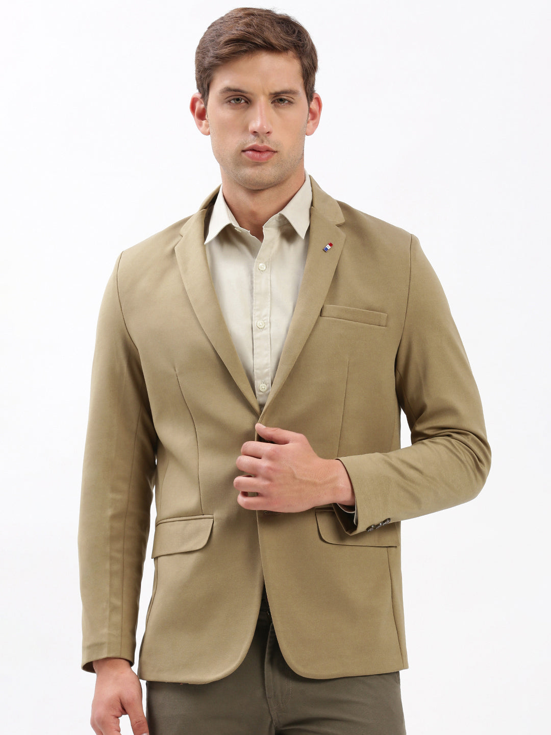 Men Notched Lapel Solid Khaki Blazer