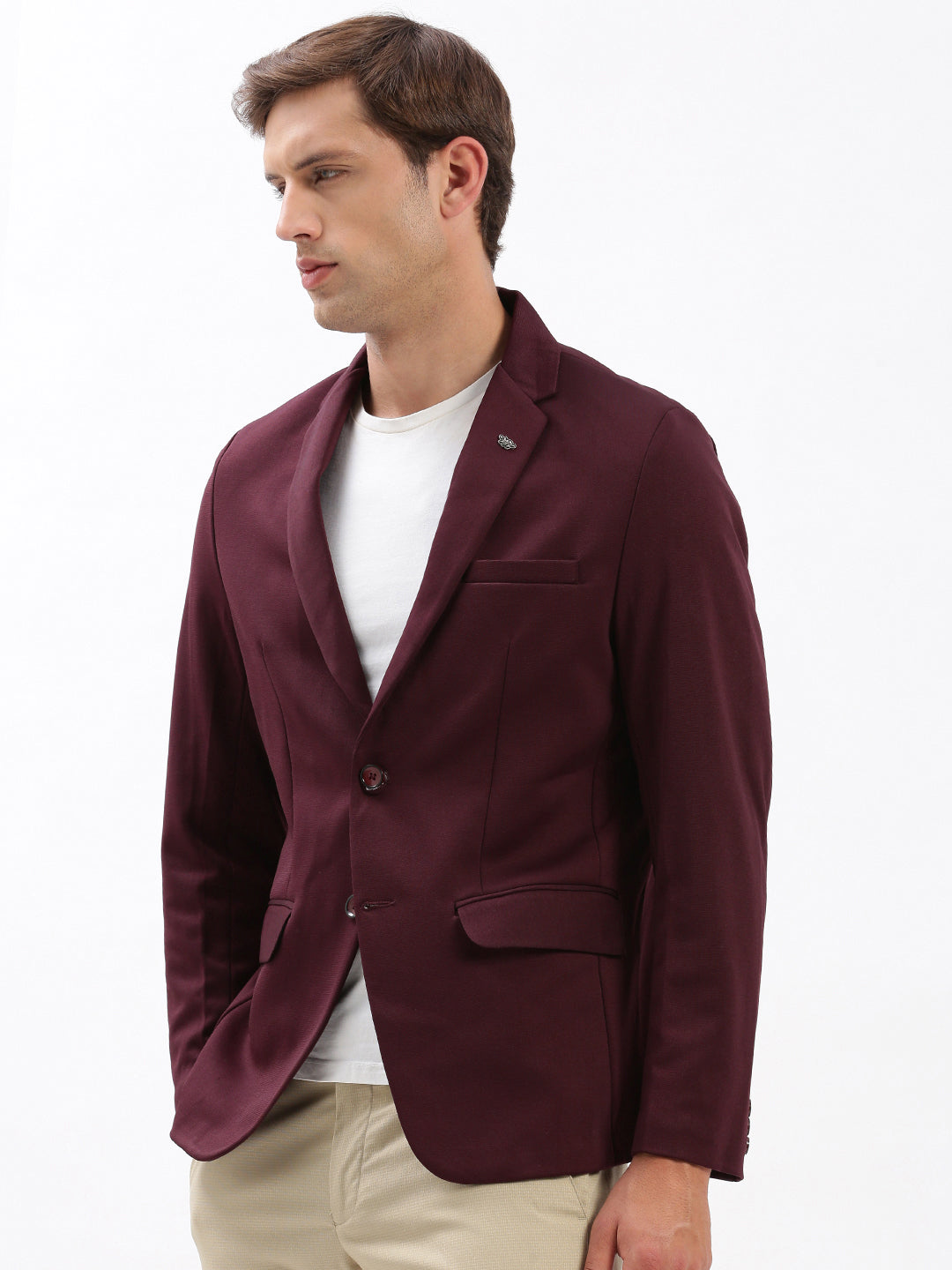 Men Notched Lapel Solid Maroon Blazer