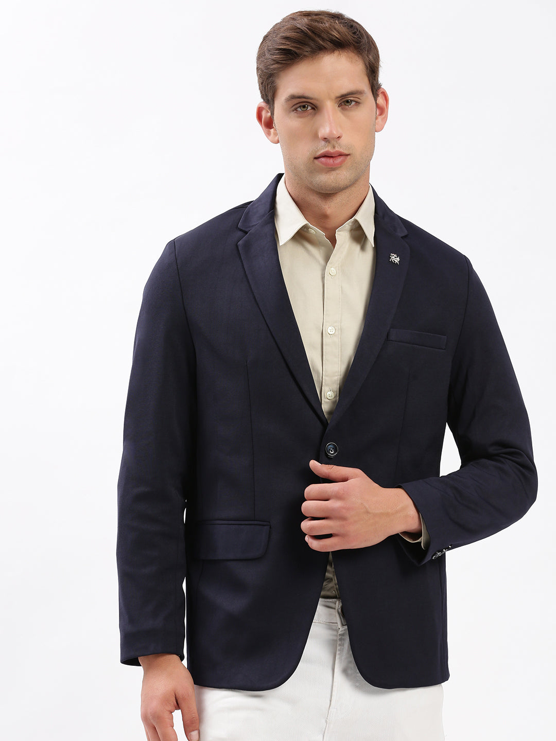 Men Notched Lapel Solid Navy Blue Blazer