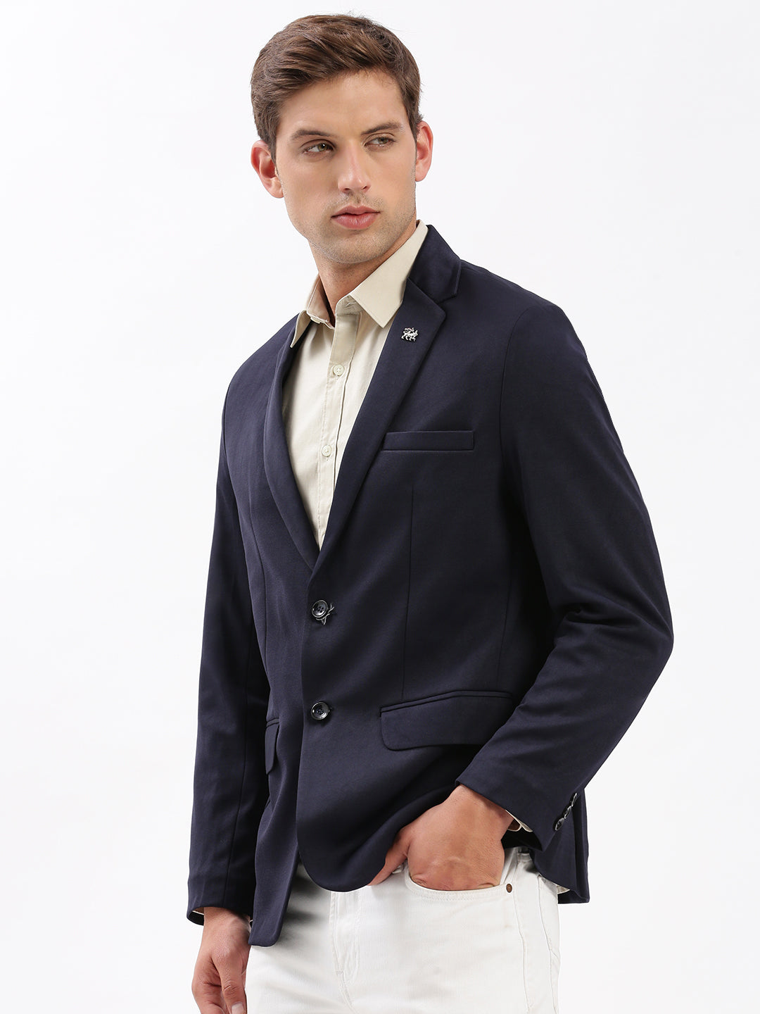 Men Notched Lapel Solid Navy Blue Blazer