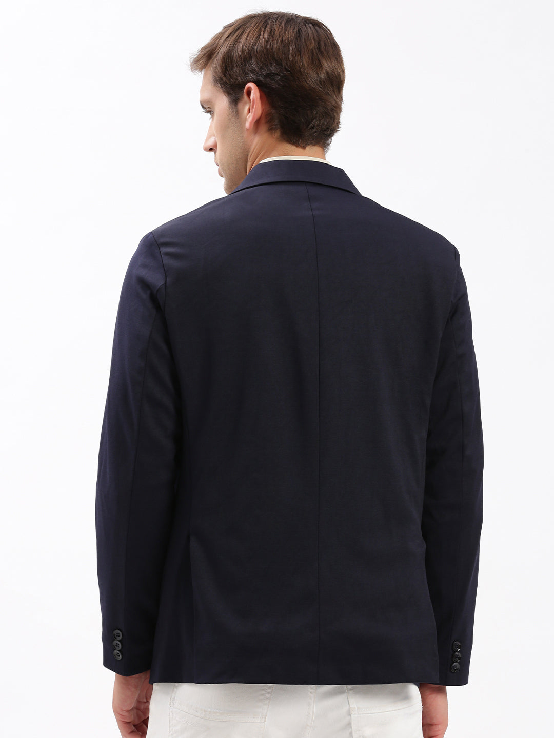 Men Notched Lapel Solid Navy Blue Blazer