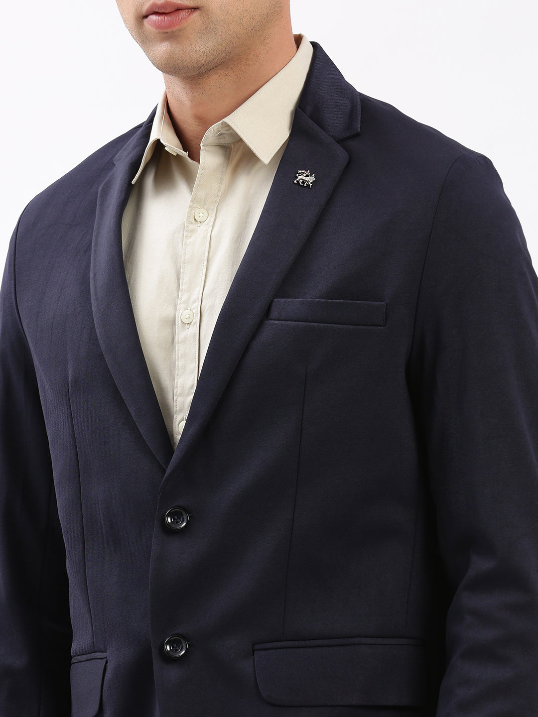 Men Notched Lapel Solid Navy Blue Blazer