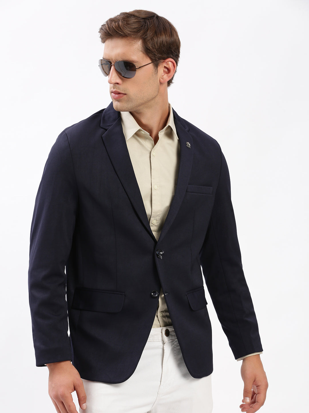 Men Notched Lapel Solid Navy Blue Blazer