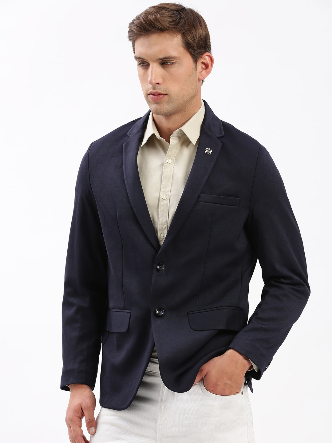 Men Notched Lapel Solid Navy Blue Blazer