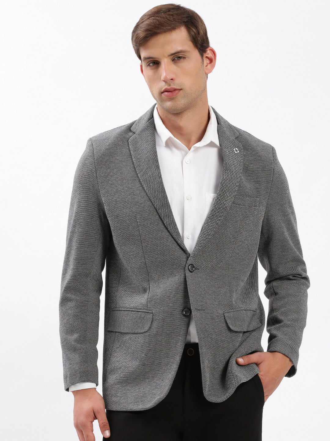 Men Notched Lapel Solid Grey Blazer