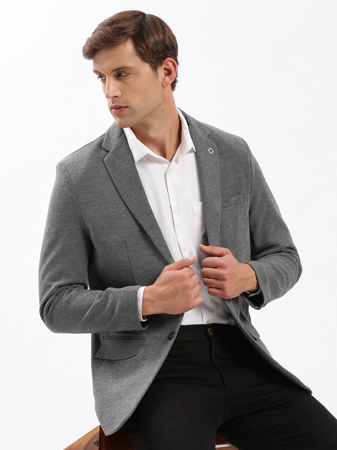 Men Notched Lapel Solid Grey Blazer