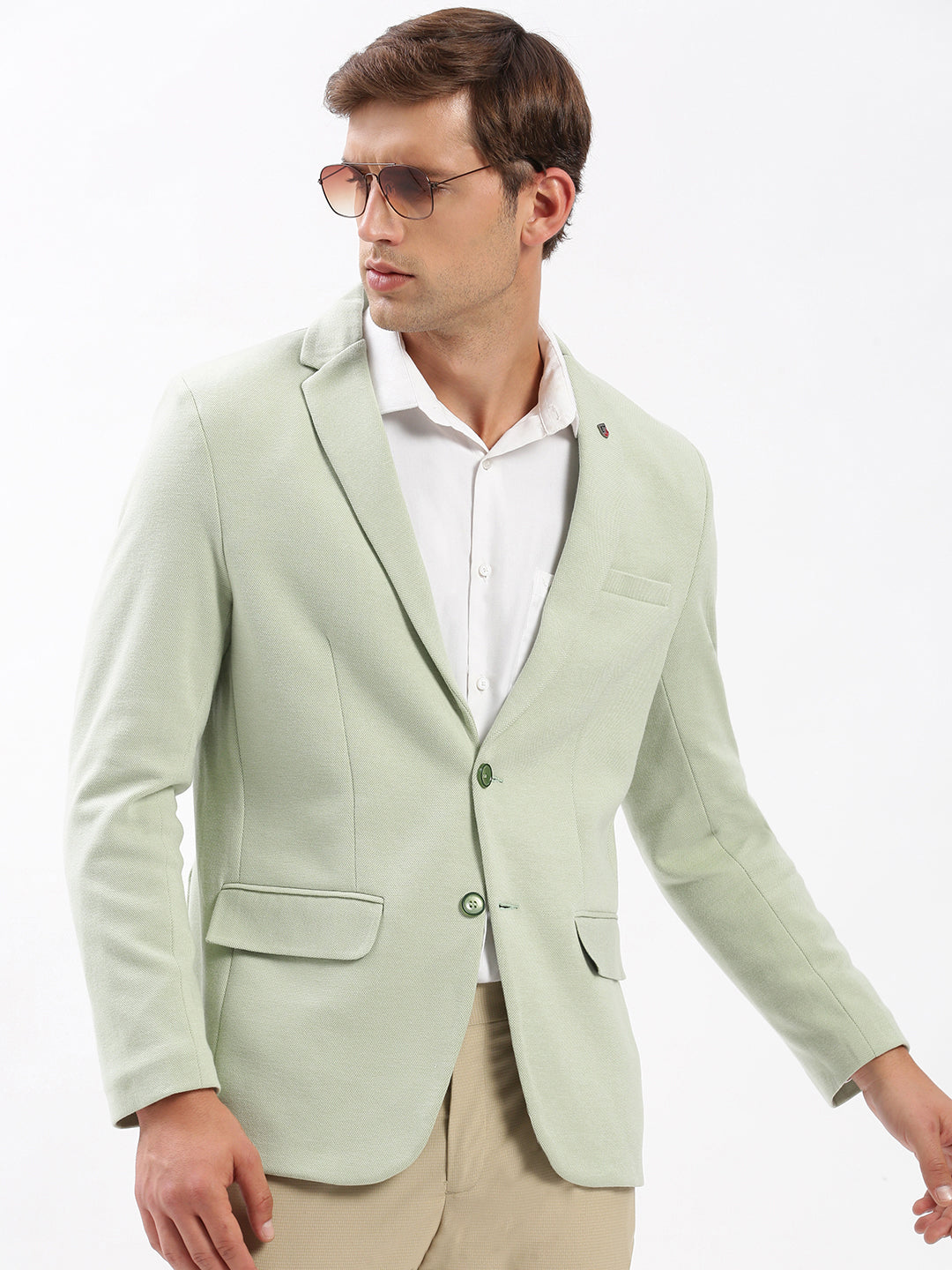 Men Notched Lapel Solid Green Blazer