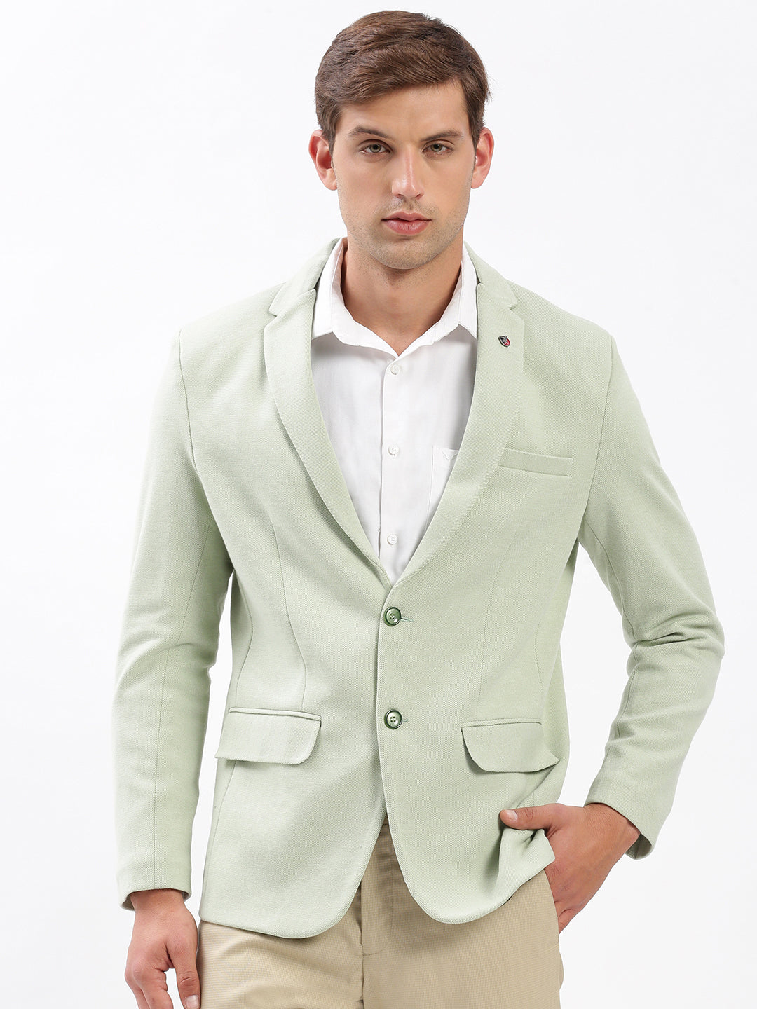 Men Notched Lapel Solid Green Blazer