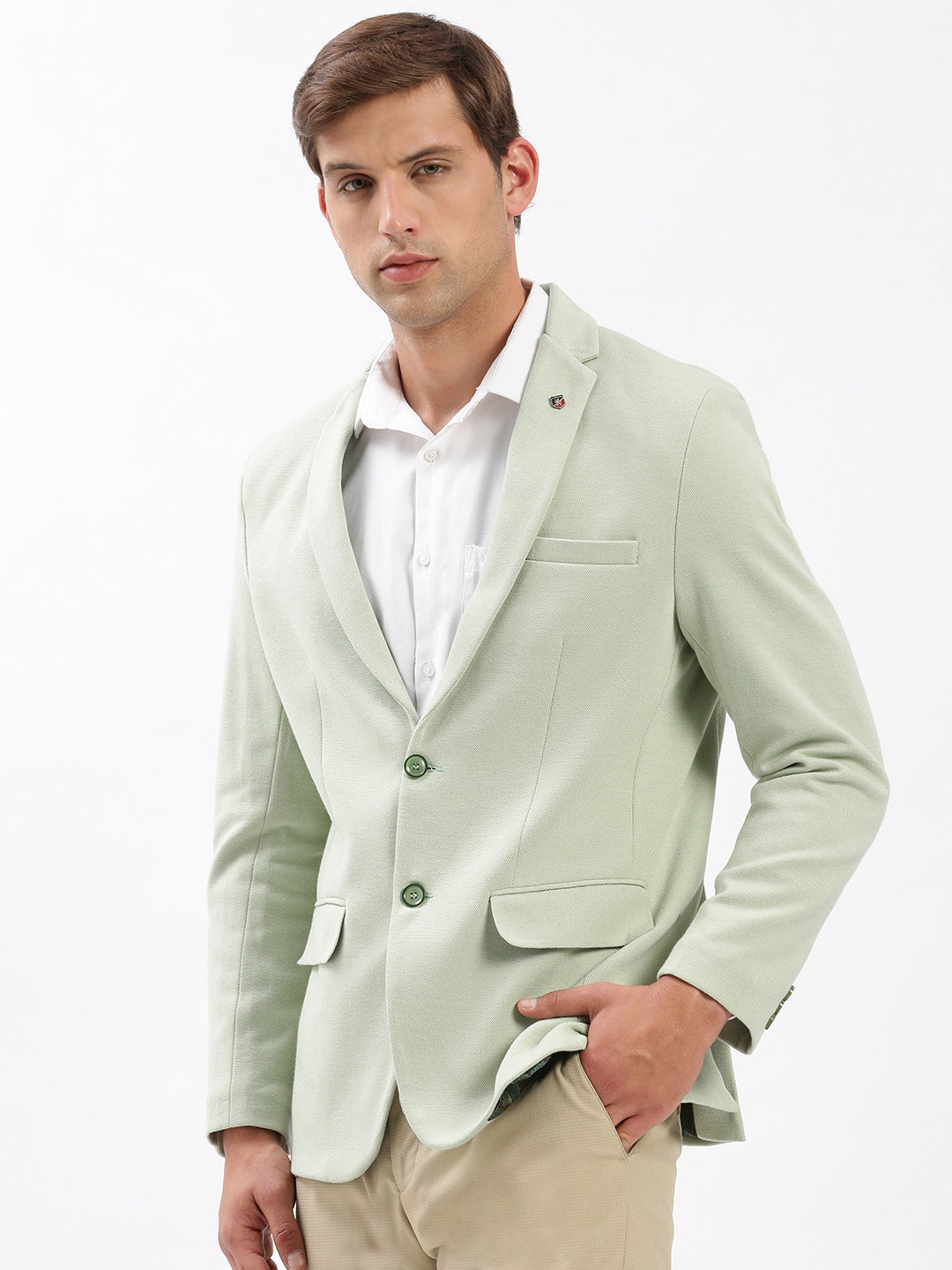 Men Notched Lapel Solid Green Blazer