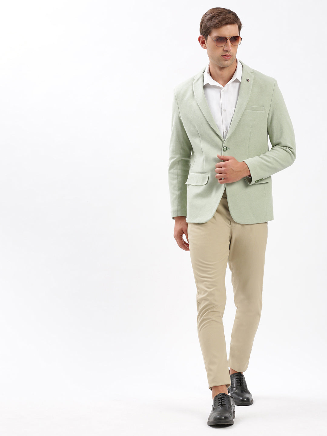 Men Notched Lapel Solid Green Blazer