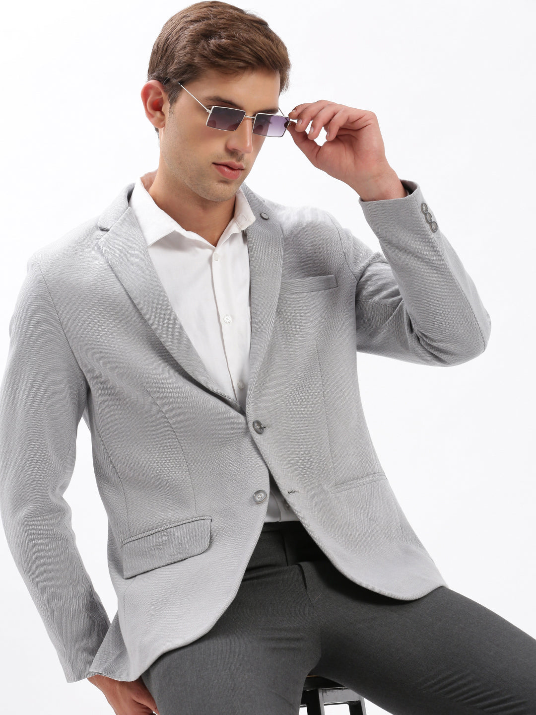 Men Notched Lapel Solid Grey Blazer