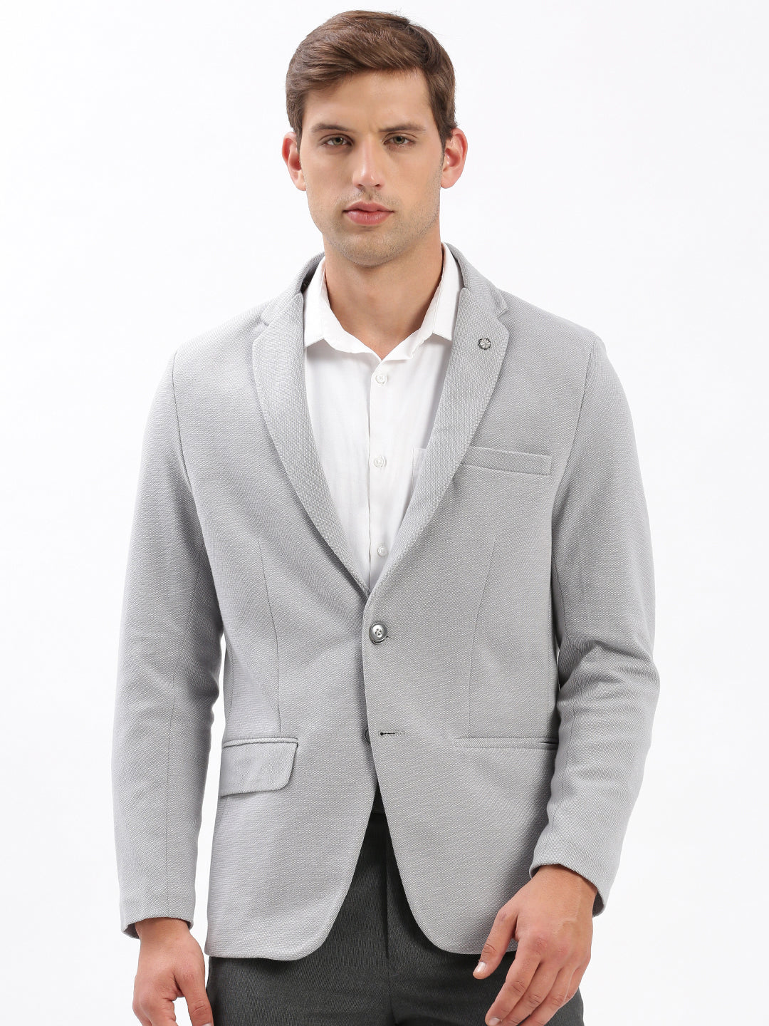 Men Notched Lapel Solid Grey Blazer