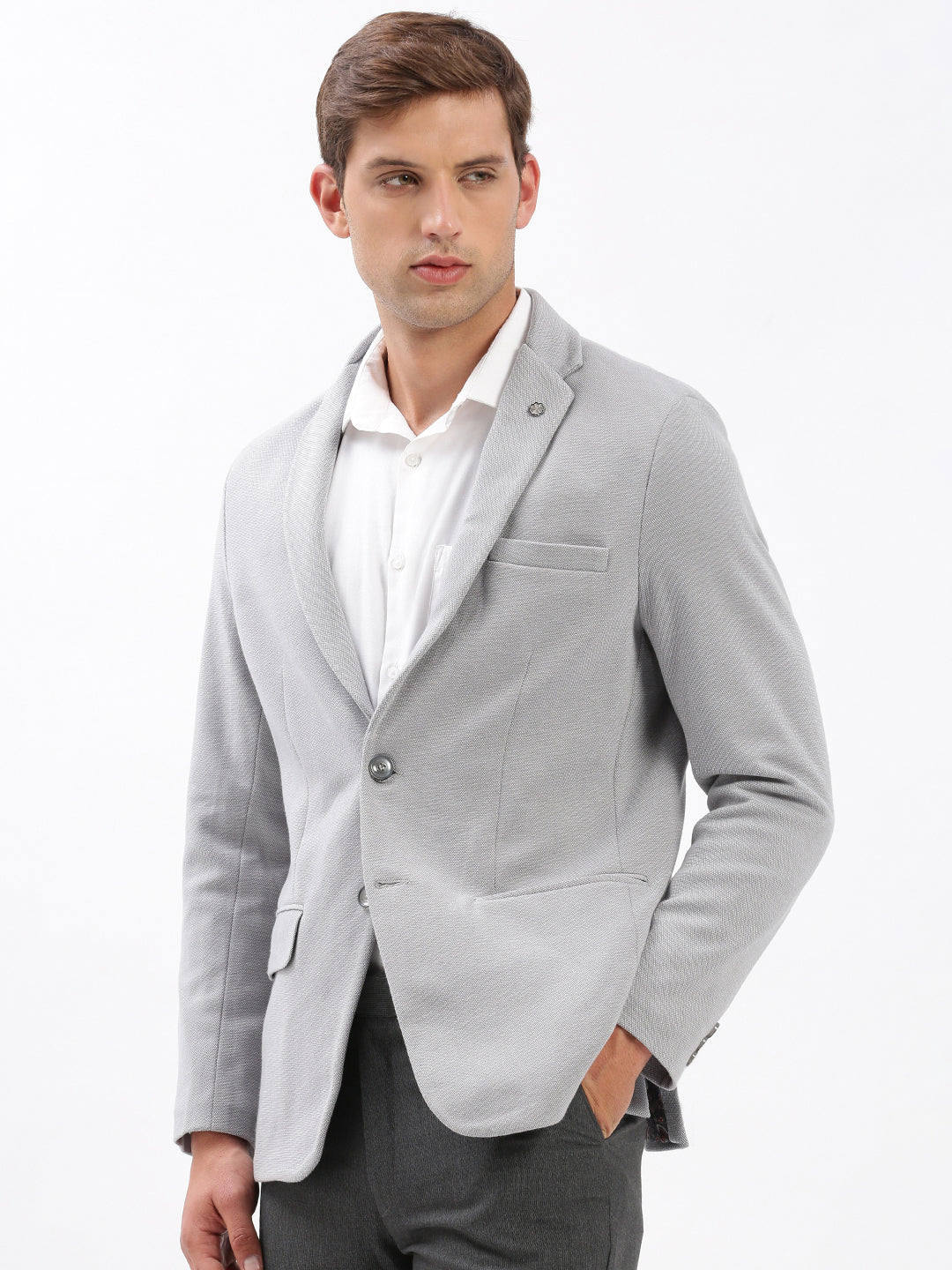 Men Notched Lapel Solid Grey Blazer