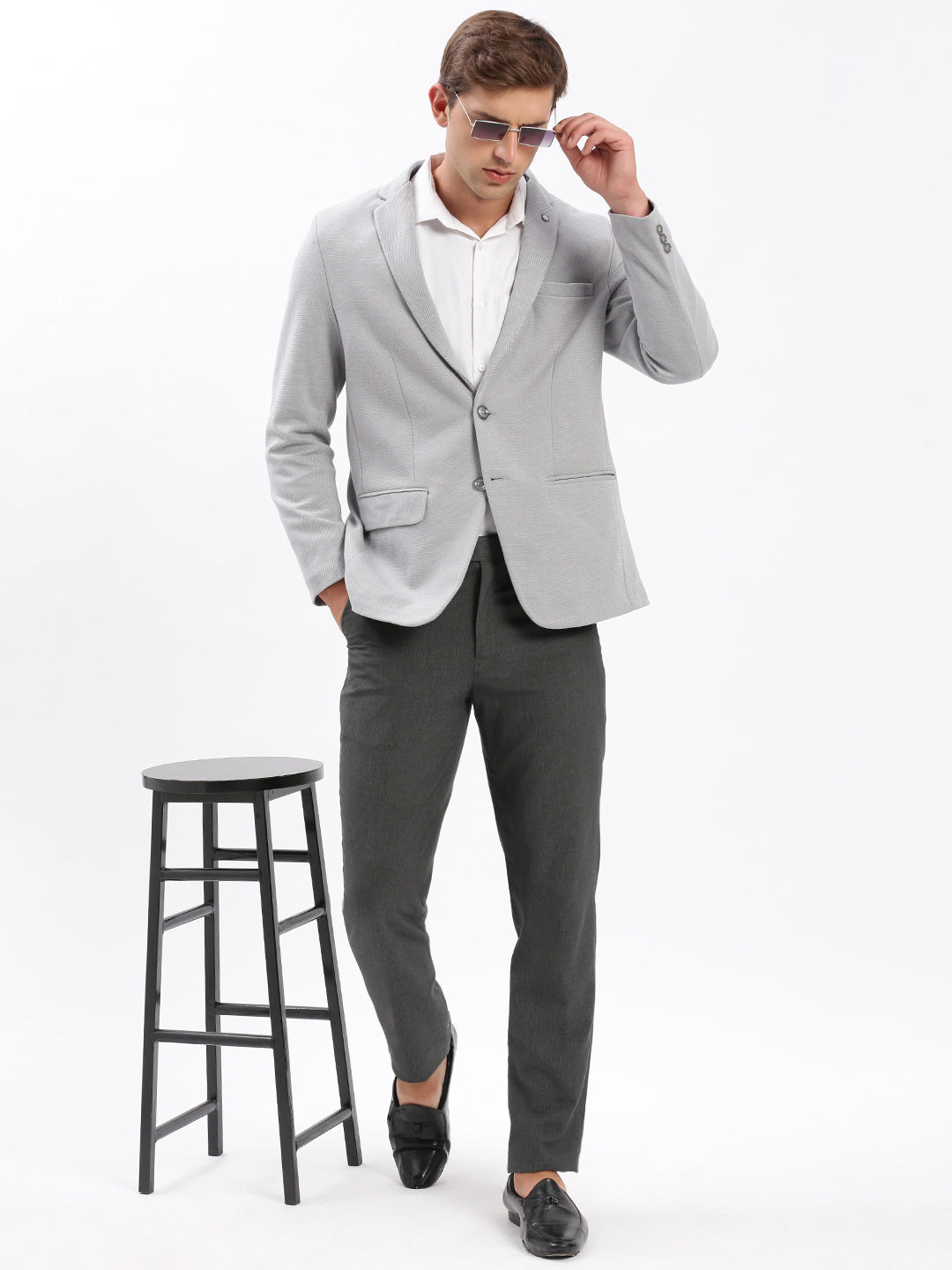 Men Notched Lapel Solid Grey Blazer