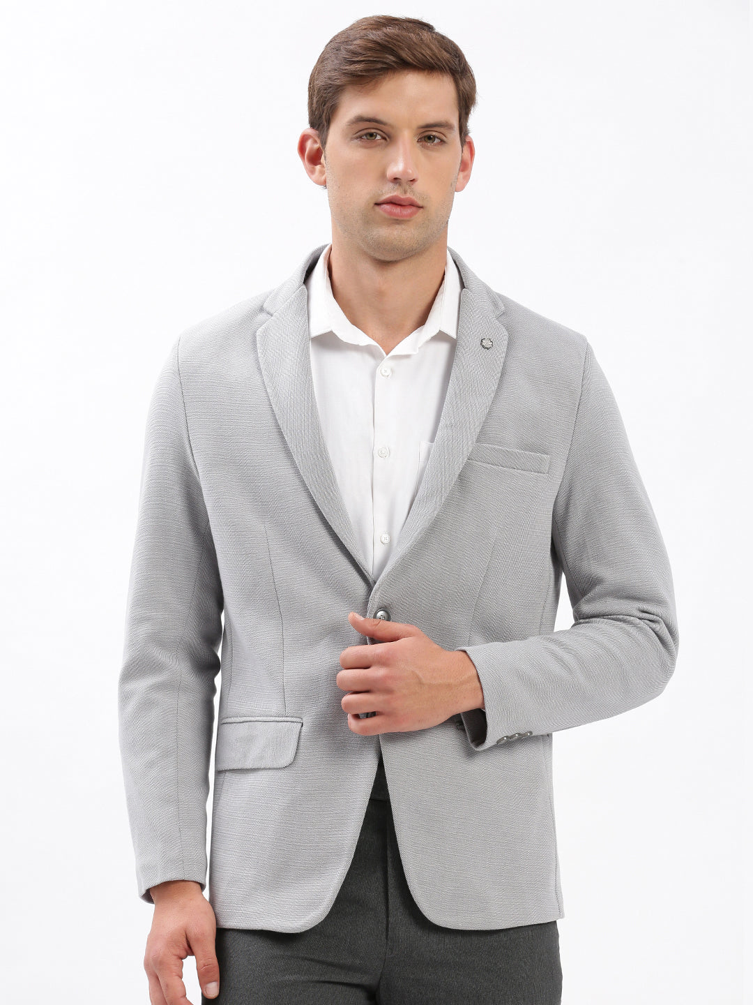 Men Notched Lapel Solid Grey Blazer