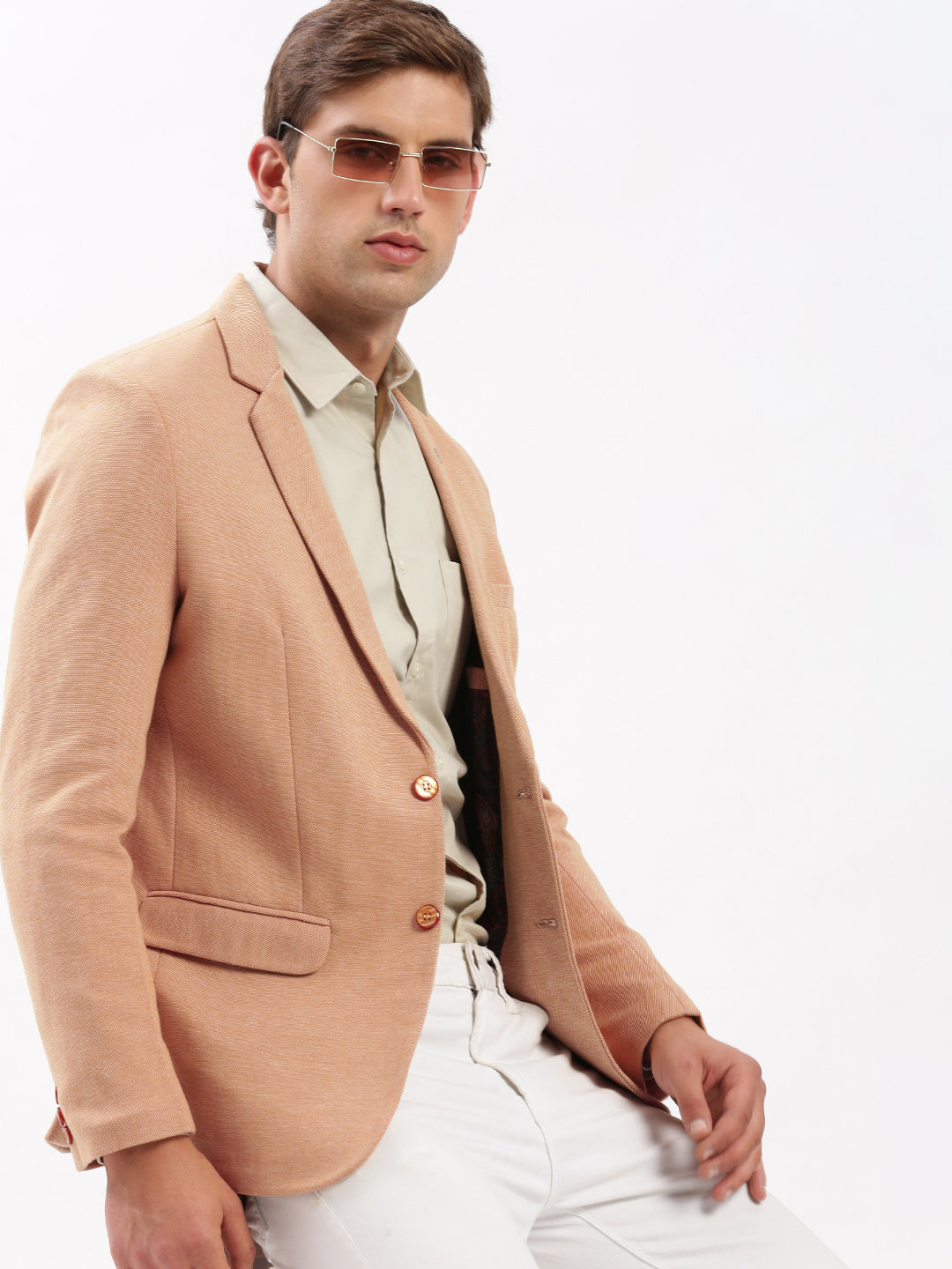 Men Notched Lapel Solid Peach Blazer