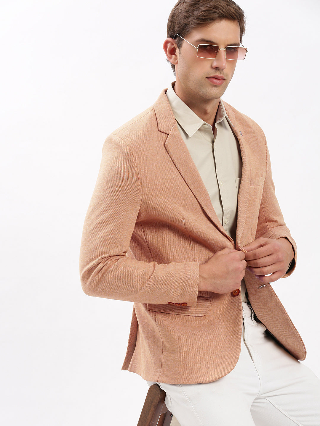 Men Notched Lapel Solid Peach Blazer