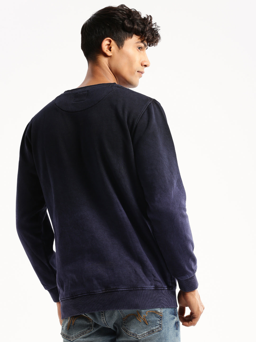 Men Navy Blue Round Neck Typography Pullover