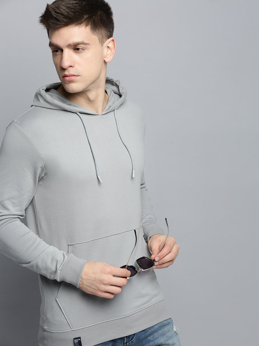 Men Grey Solid Casual Hoodie