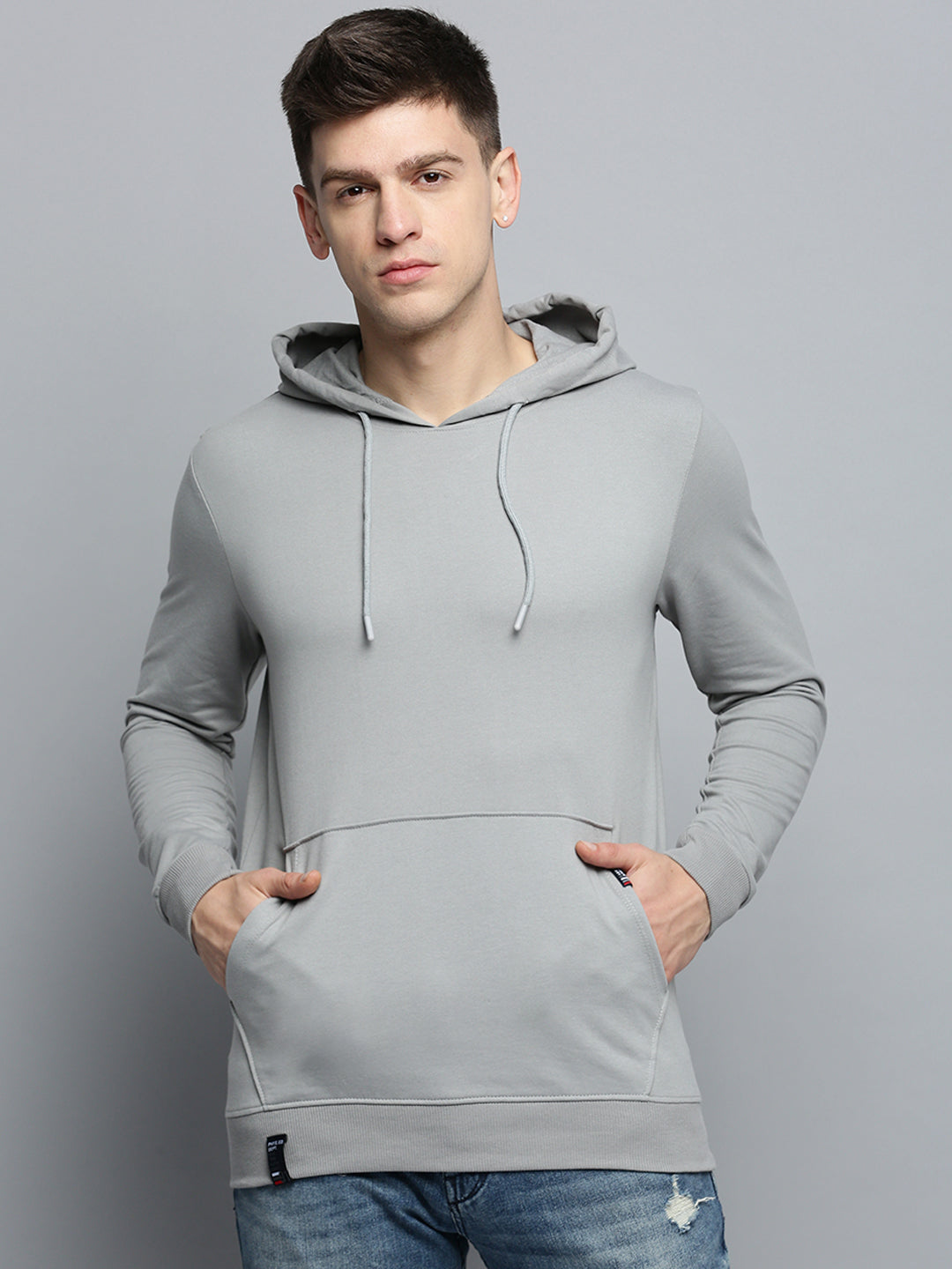 Men Grey Solid Casual Hoodie