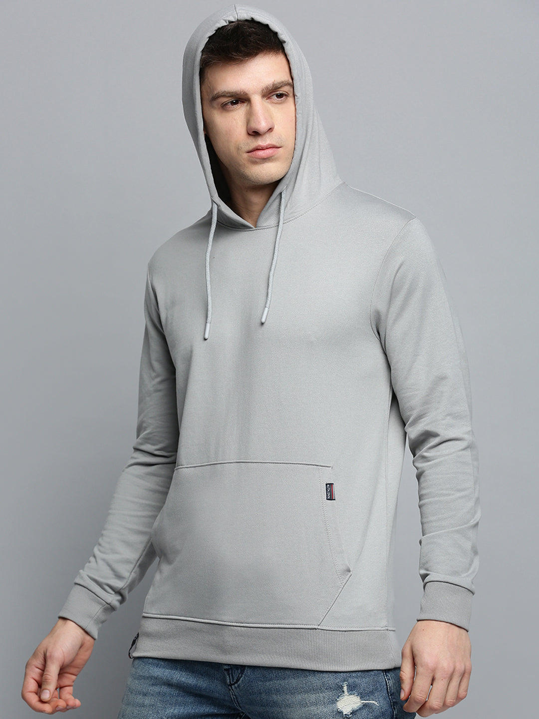 Men Grey Solid Casual Hoodie