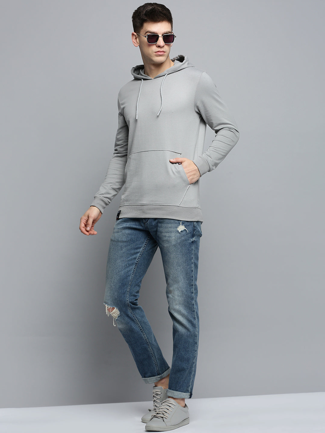 Men Grey Solid Casual Hoodie