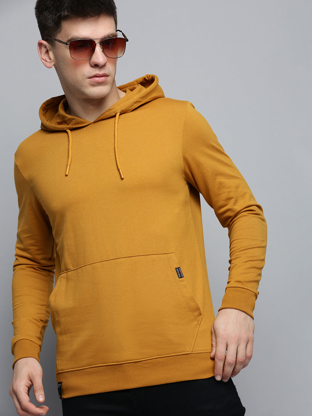 Men Yellow Solid Casual Hoodie