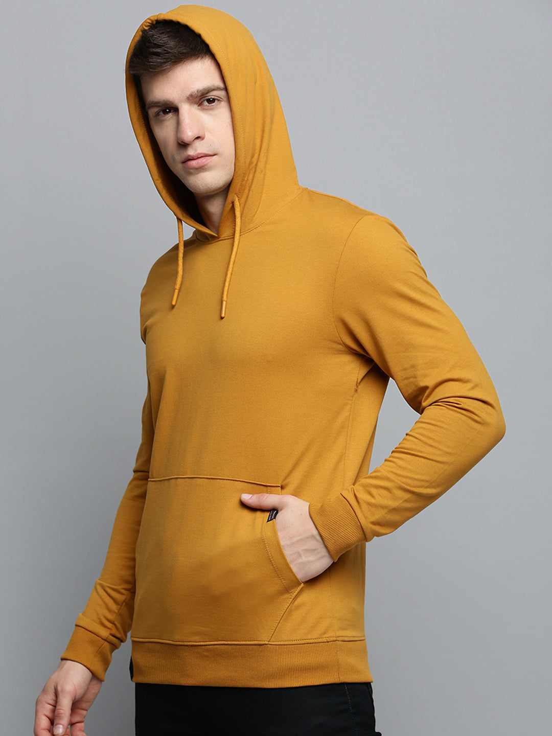 Men Yellow Solid Casual Hoodie