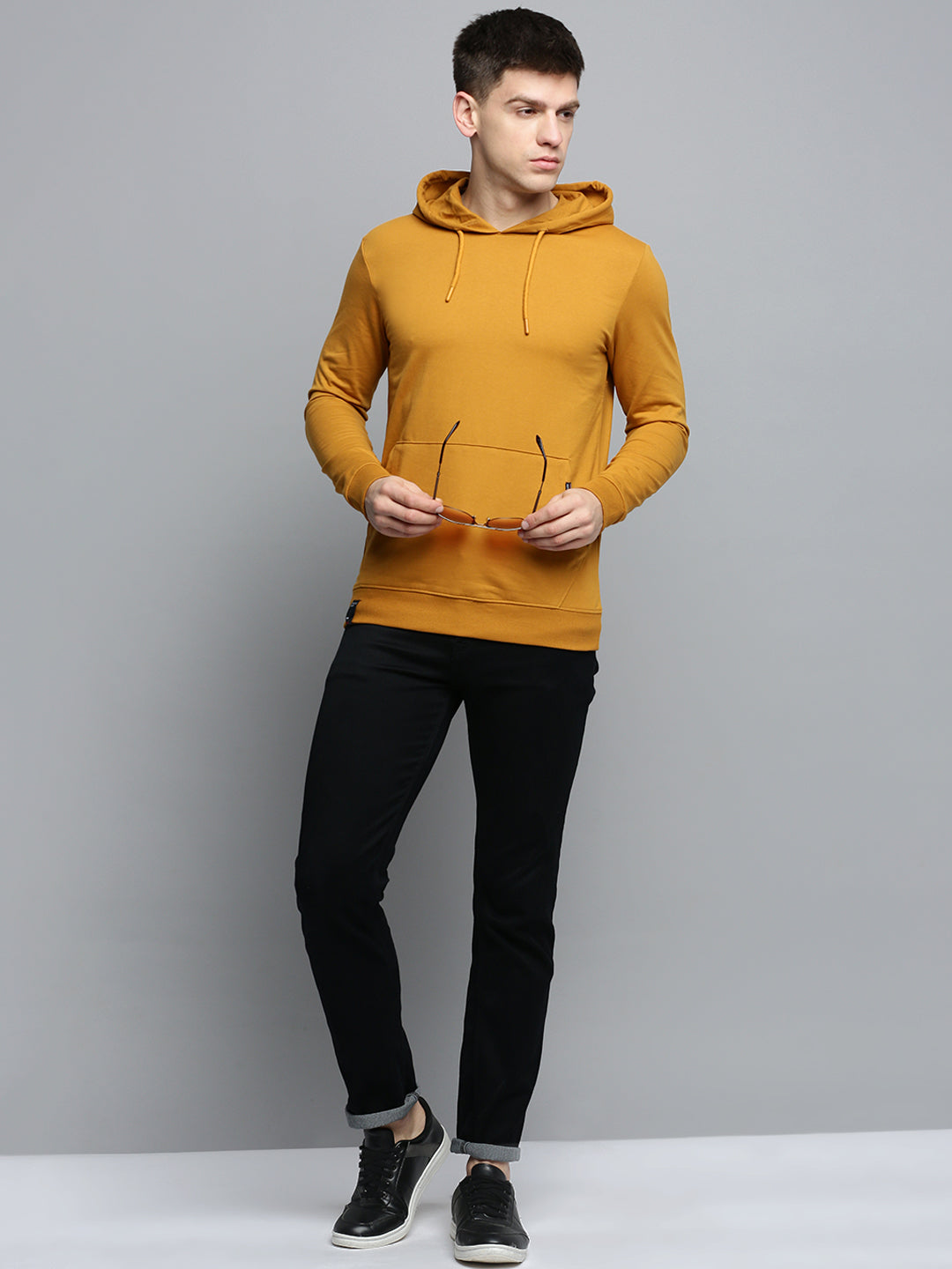 Men Yellow Solid Casual Hoodie