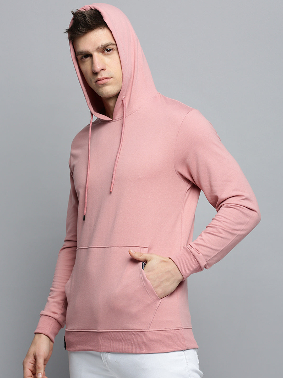 Men Pink Solid Casual Hoodie