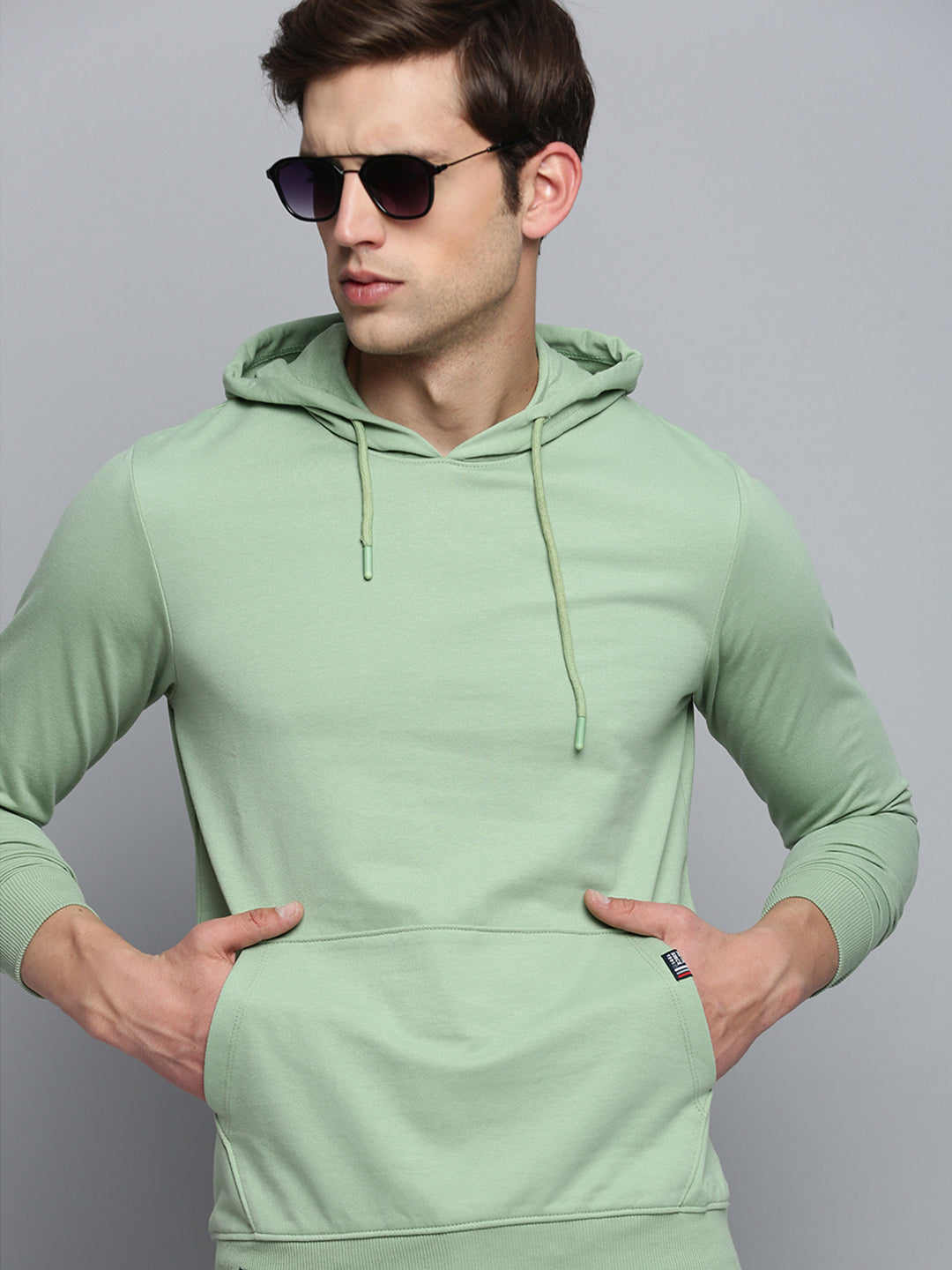 Men Green Solid Casual Hoodie