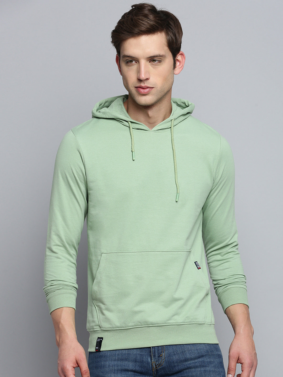 Men Green Solid Casual Hoodie