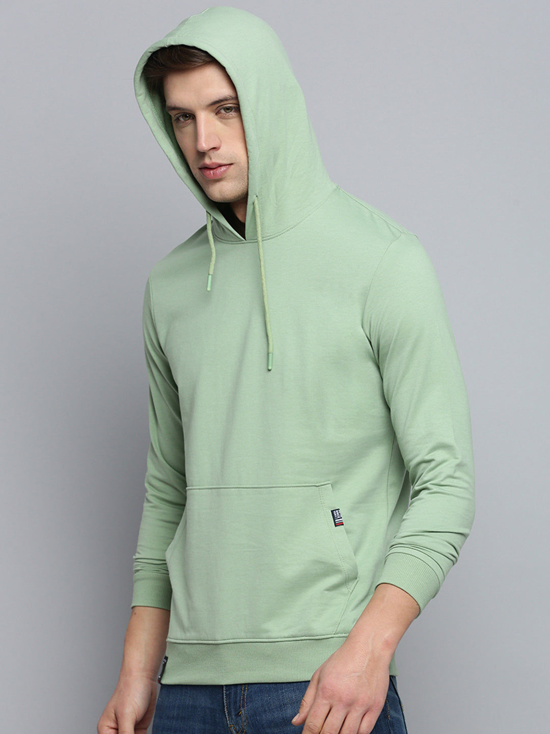 Men Green Solid Casual Hoodie