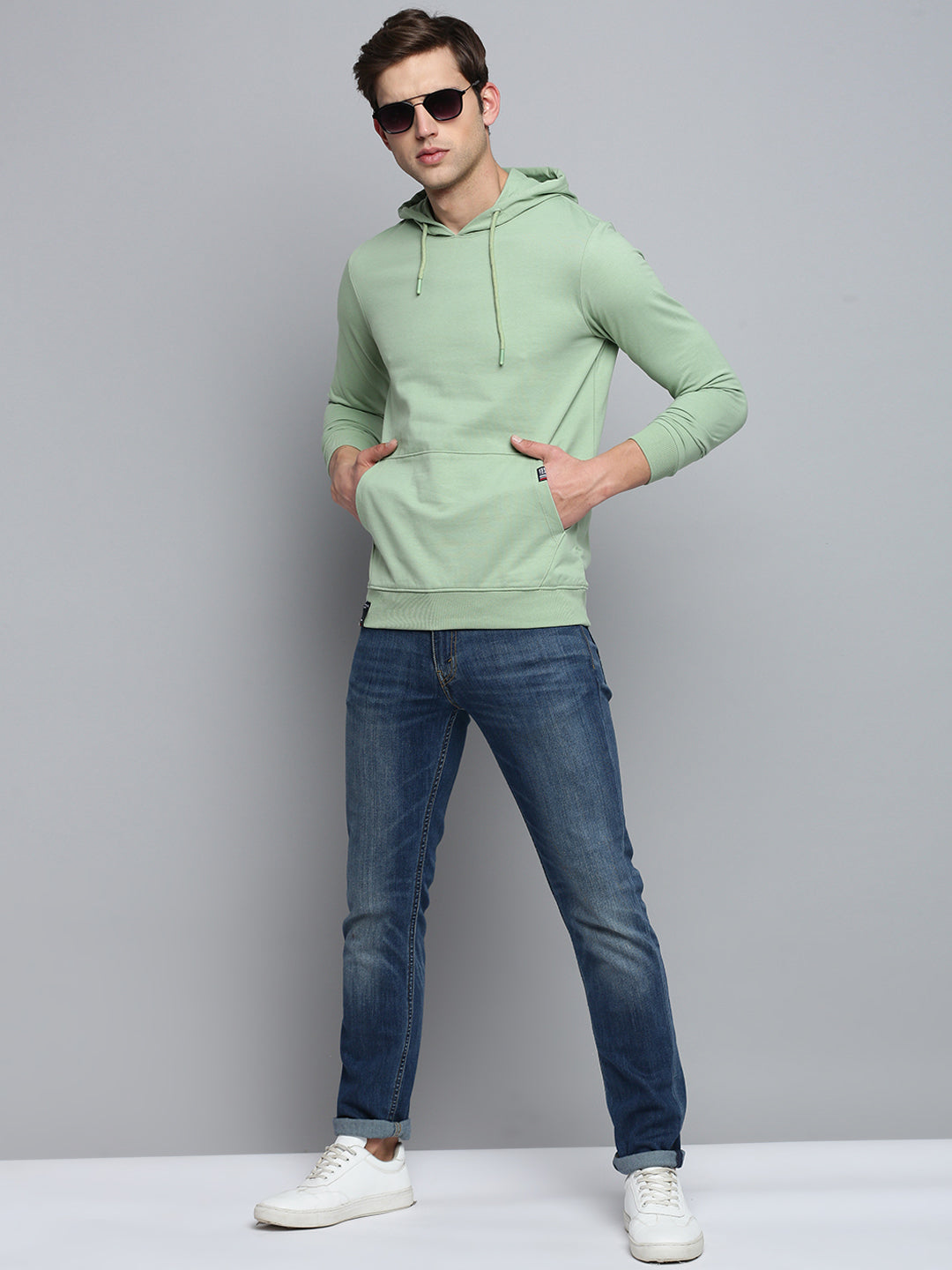 Men Green Solid Casual Hoodie