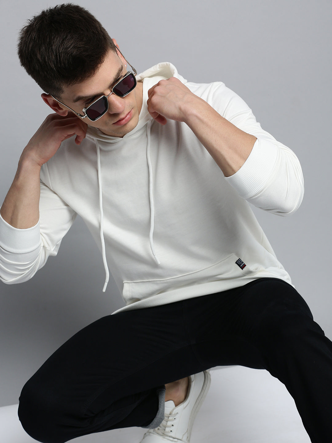 Men White Solid Casual Hoodie