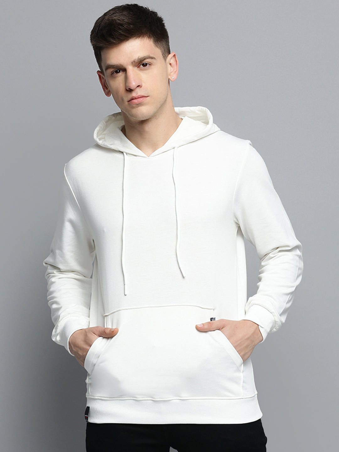 Men White Solid Casual Hoodie