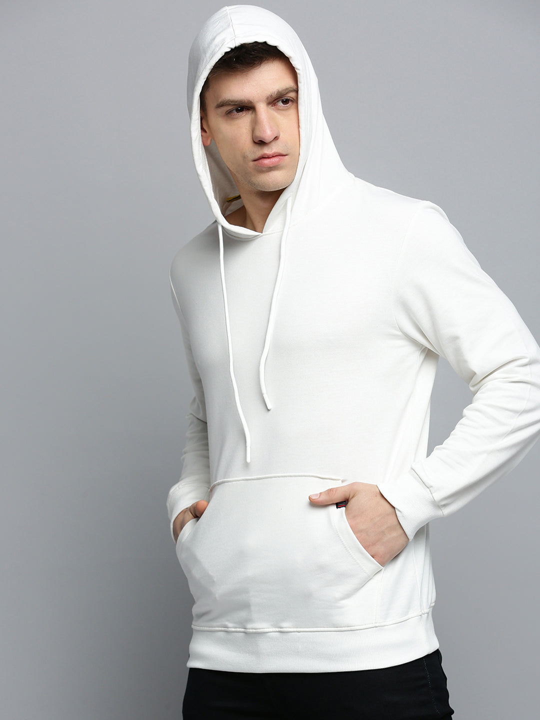 Men White Solid Casual Hoodie