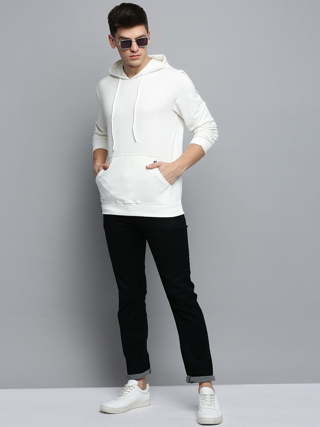 Men White Solid Casual Hoodie