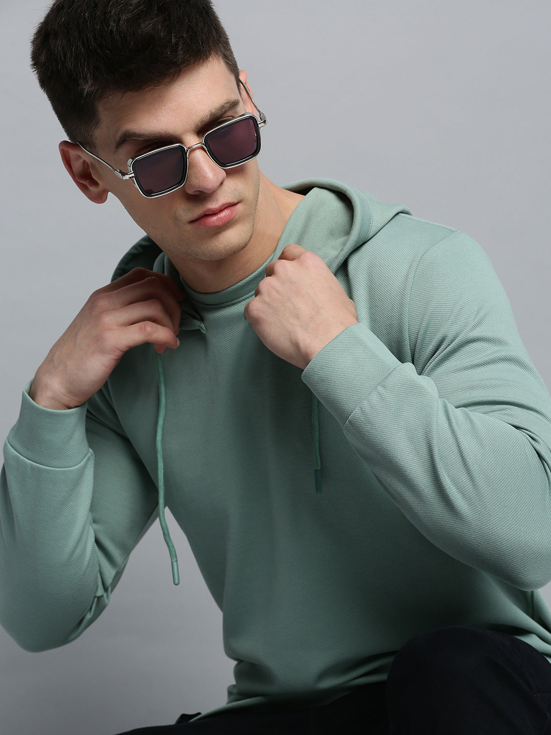 Men Green Solid Casual Hoodie