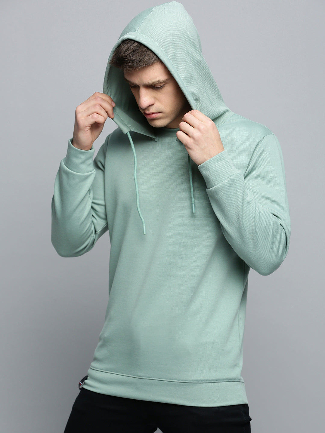 Men Green Solid Casual Hoodie