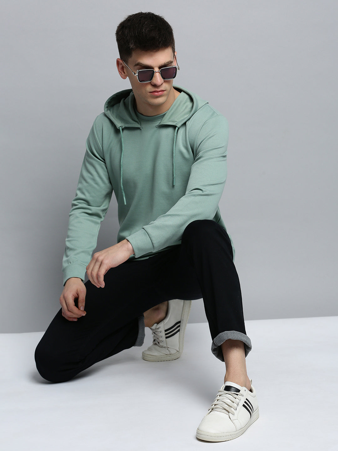 Men Green Solid Casual Hoodie