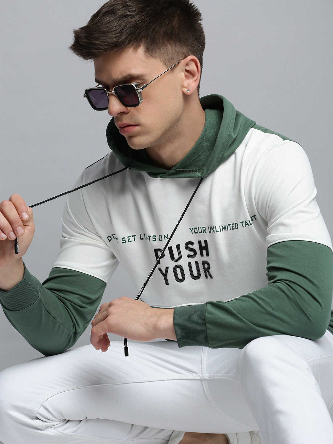 Men Green Colourblock Casual Hoodie