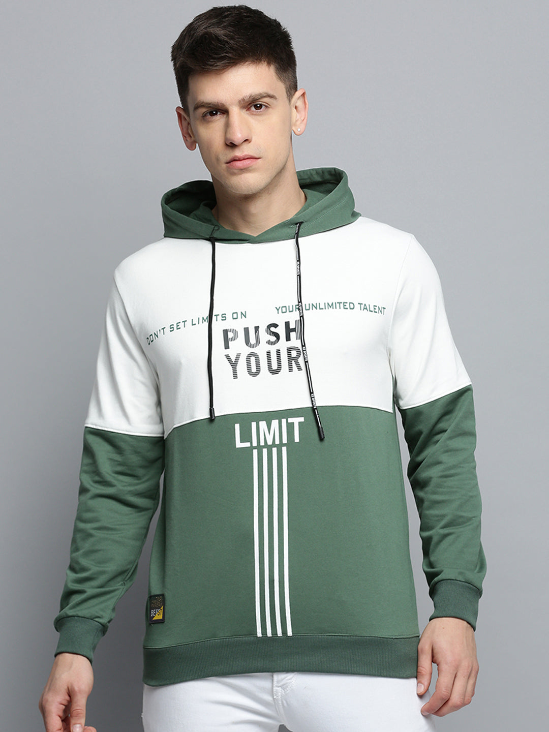 Men Green Colourblock Casual Hoodie