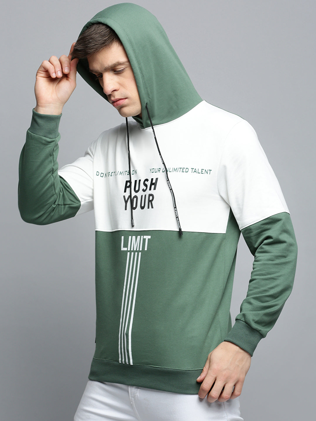 Men Green Colourblock Casual Hoodie