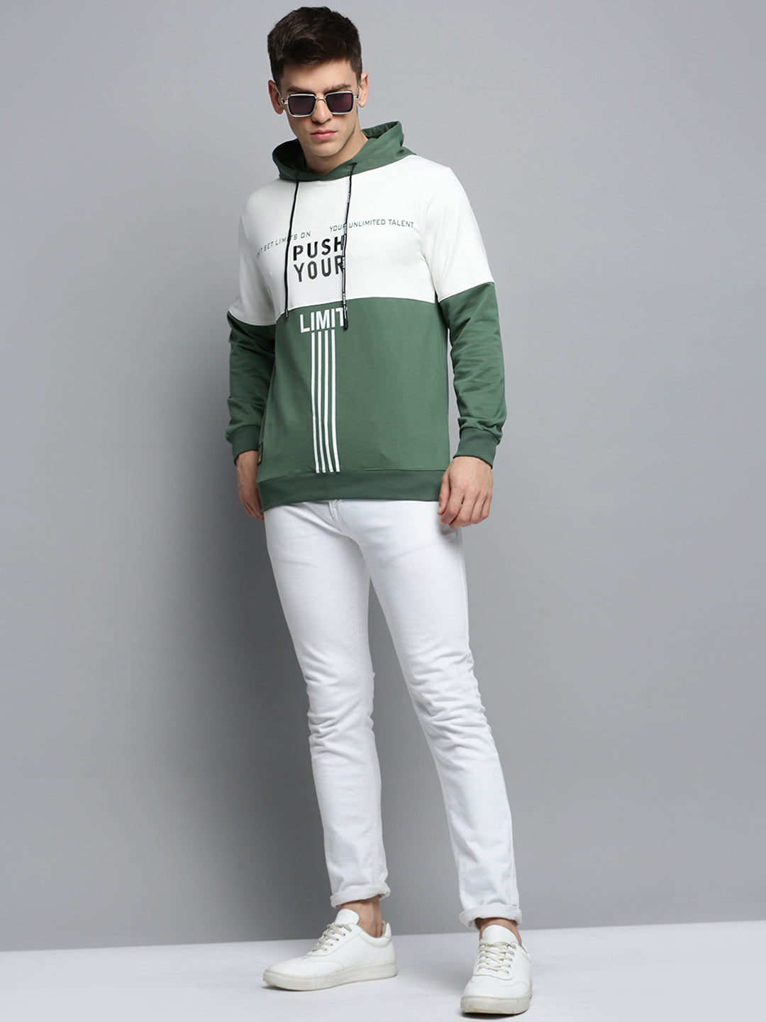 Men Green Colourblock Casual Hoodie