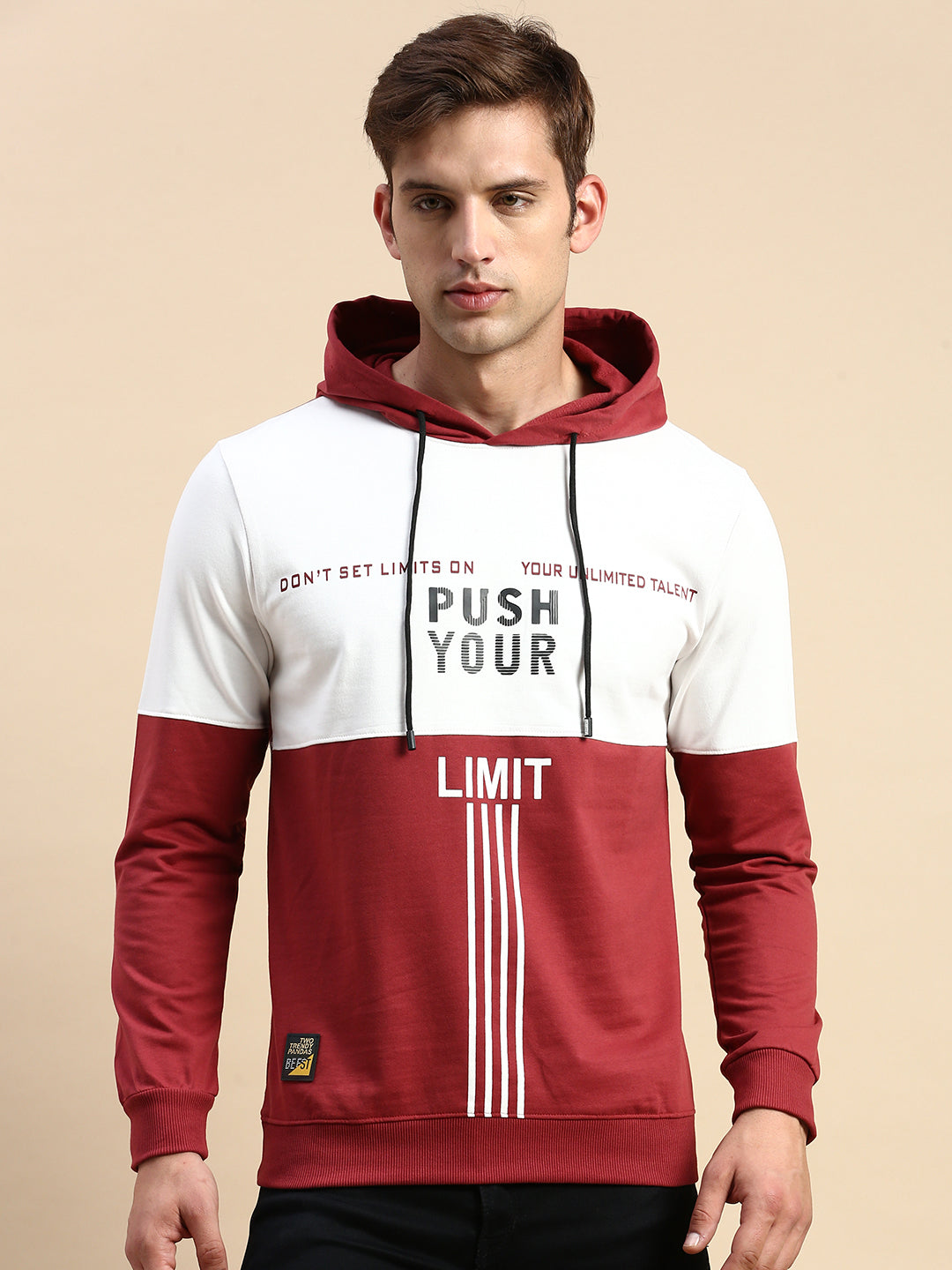 Men's Maroon Colourblock Casual Hoodie