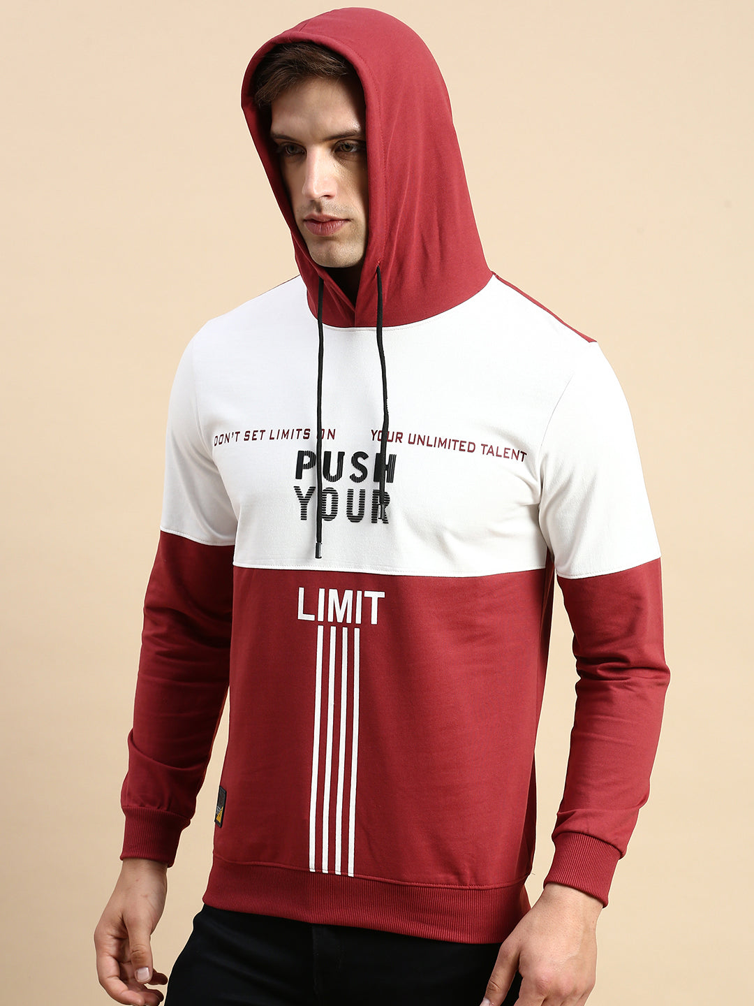 Men's Maroon Colourblock Casual Hoodie