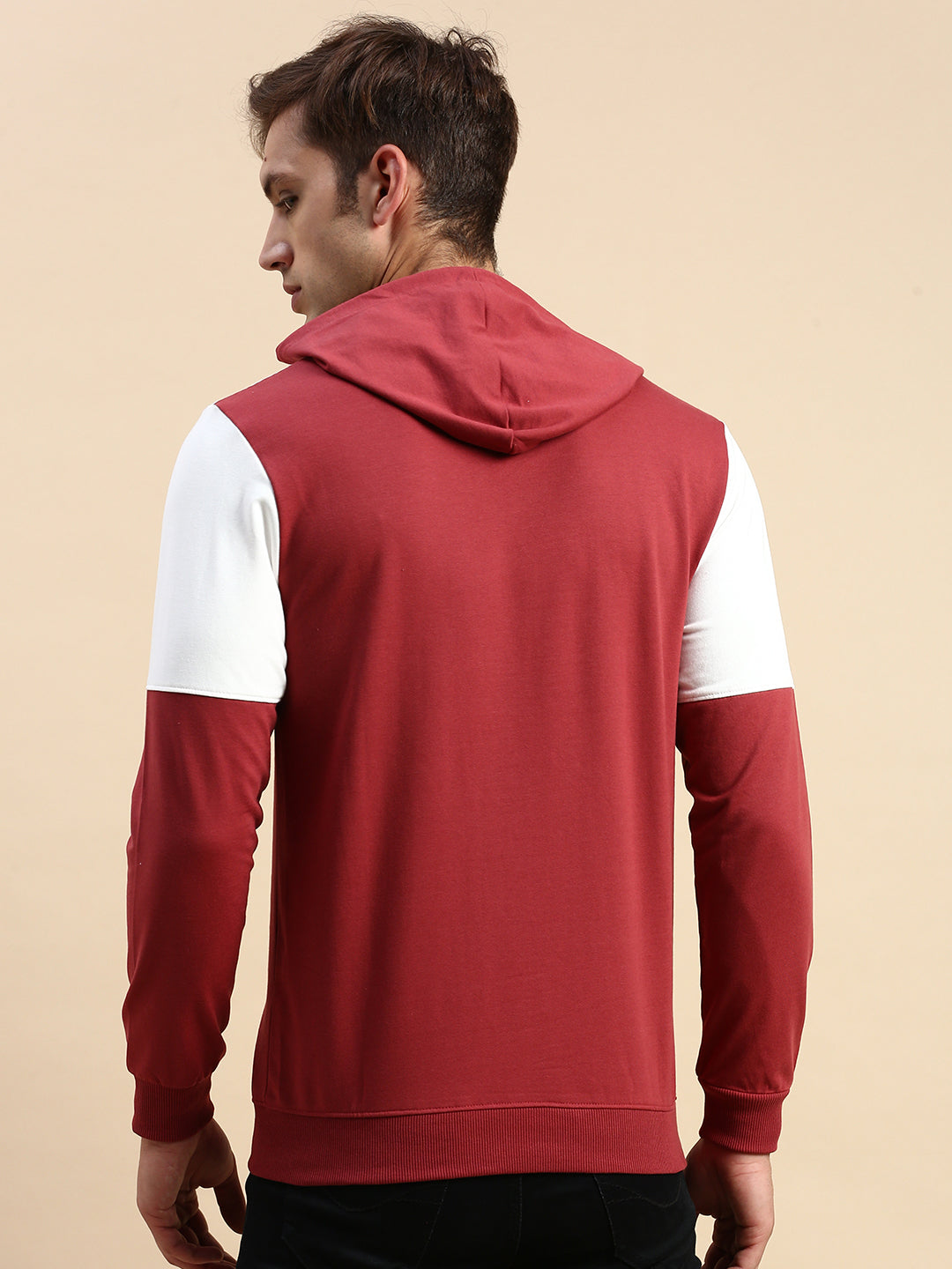 Men's Maroon Colourblock Casual Hoodie